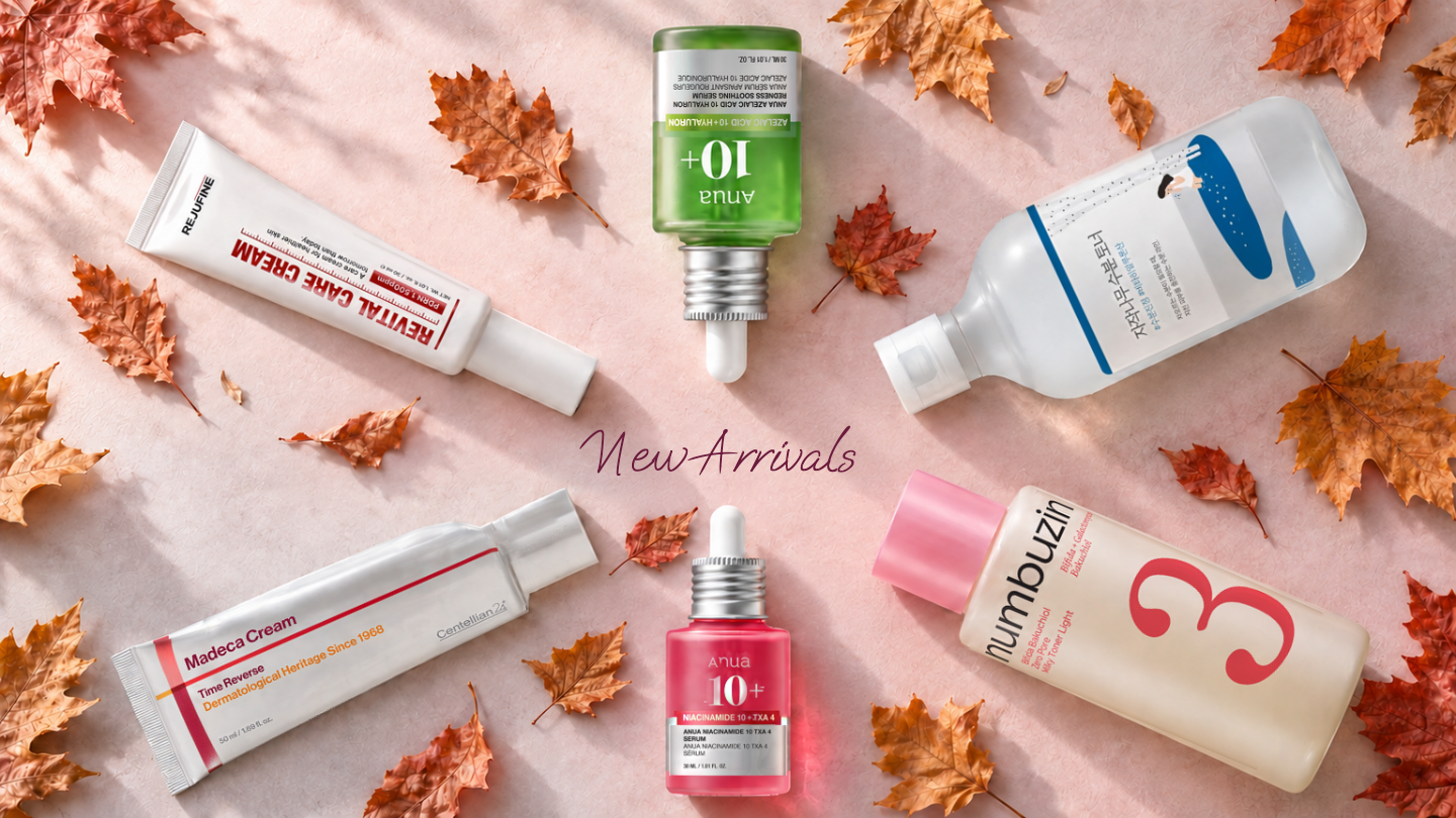 New Arrivals artwork featuring skincare products around the title.